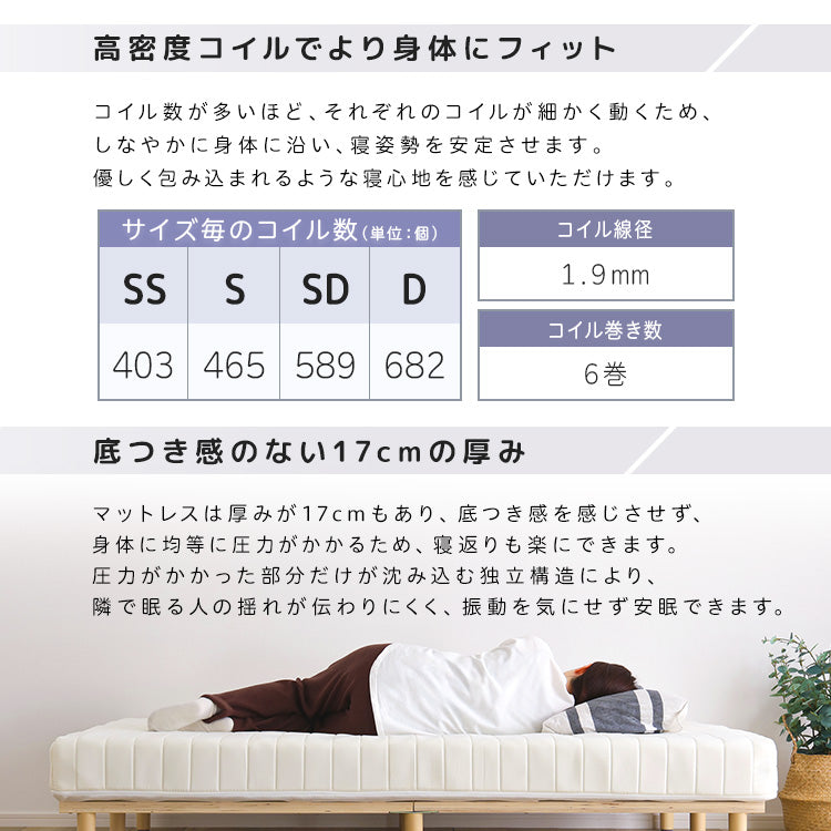 脚付きベッド ポケットコイルロールマットレス［セミダブル］